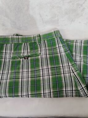 Haggar EZ's Mens 44 (42) Green & White Plaid Shorts Cotton Flat Front Golf R